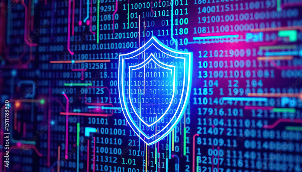 Poster Cybersecurity protection glowing shield overlays binary code symbolizing data security and defense