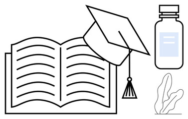Fototapeta premium Open book paired with cap, medical bottle, and plant illustrates learning, achievement, medical education. Ideal for academic, healthcare, wellness growth success research knowledge themes. Flat