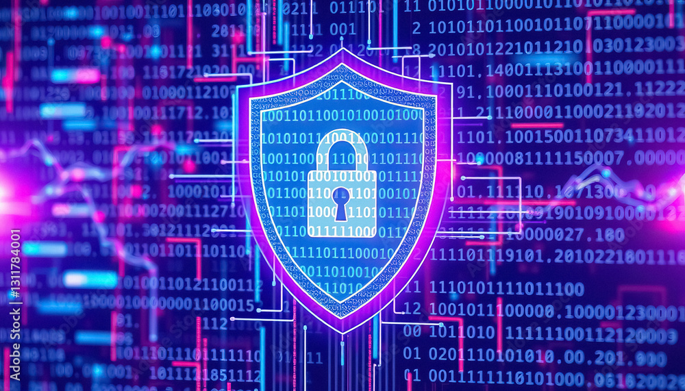 Poster digital security shield vibrant representation of cybersecurity with prominent shield and padlock sy