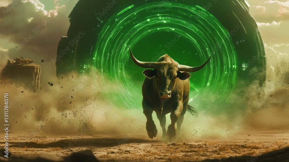 Poster a bull charges headlong through a glowing green portal within a high-tech tunnel, creating a scene o