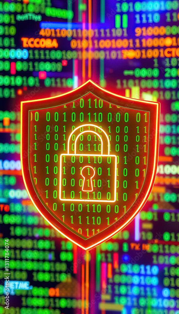 Poster Digital security shield with padlock and binary code backdrop Protecting data and information