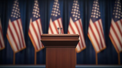 A wooden podium with a microphone stands in front of five American flags, symbolizing official government or political events