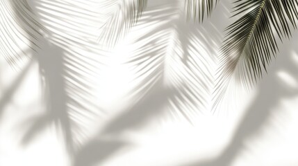 Palm leaves cast intricate shadows on a white wall, creating a serene and tropical atmosphere with soft light and natural patterns