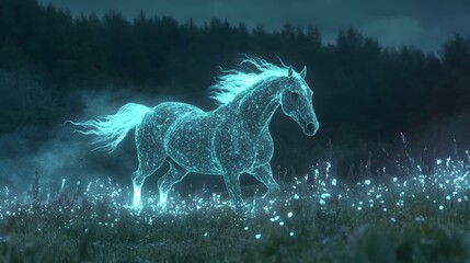 Fototapeta premium Ethereal Horse Galloping Through Enchanted Nighttime Meadow