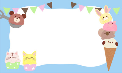動物の顔の形のアイスの可愛いフレーム　横型　コピースペースあり　手書きのイラスト