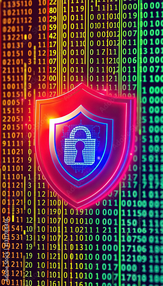 Poster Cybersecurity shield and padlock against backdrop of complex code offer digital defense