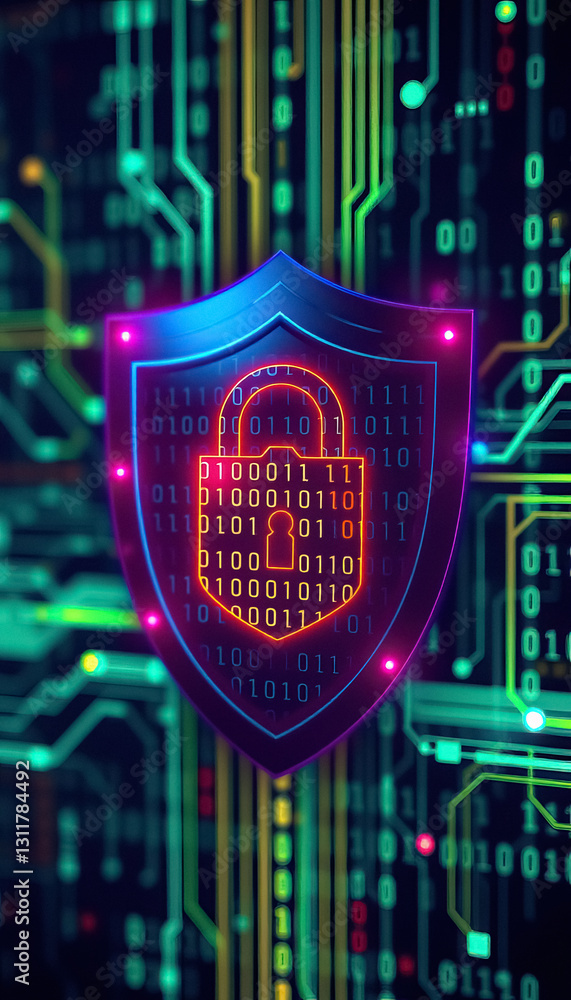 Poster Digital shield with padlock securing data with binary code Cybersecurity defense against threats