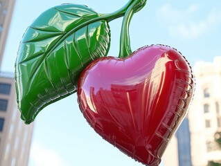 A shiny, oversized cherry balloon with a green leaf floats against a city backdrop, creating a whimsical and surreal scene