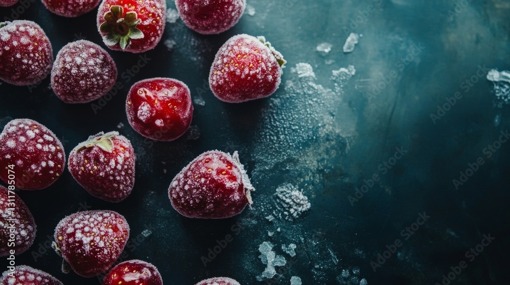 Poster a striking image of frozen strawberries placed on a dark textured surface, with ice crystals scatter