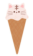 虎猫の顔の形のアイスクリーム　コーンに乗ったアイスクリーム　可愛い手書きのイラスト