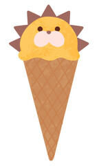 ライオンの顔の形のアイスクリーム　コーンに乗ったアイスクリーム　可愛い手書きのイラスト