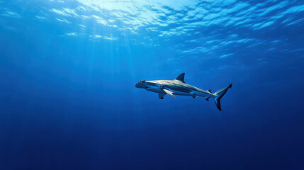 A shark swimming gracefully underwater in a vibrant blue ocean environment.