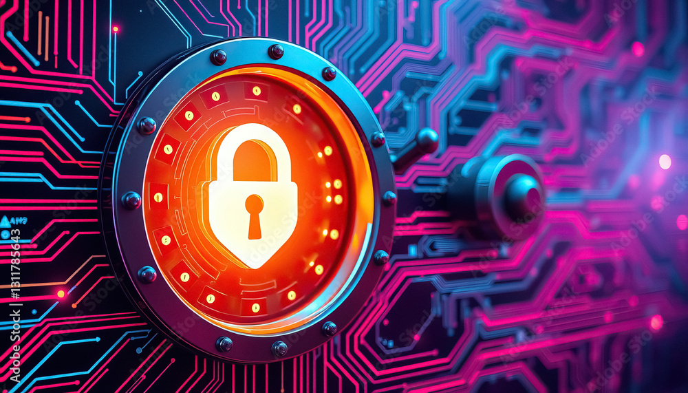 Poster glowing padlock is embedded in circuit board symbolizing digital security