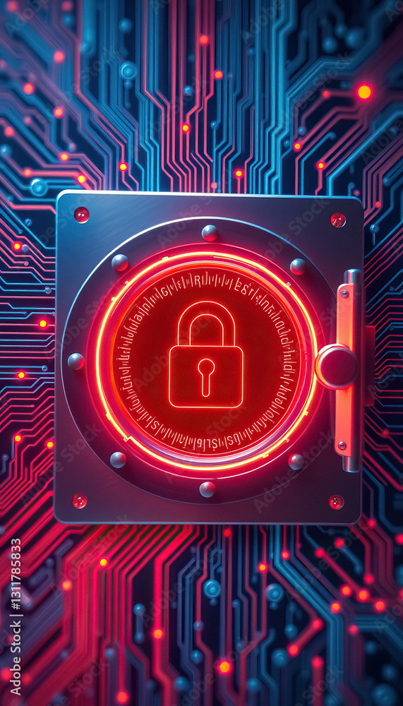 Aufkleber cybersecurity fortress digital vault protecting data with glowing padlock on circuit background