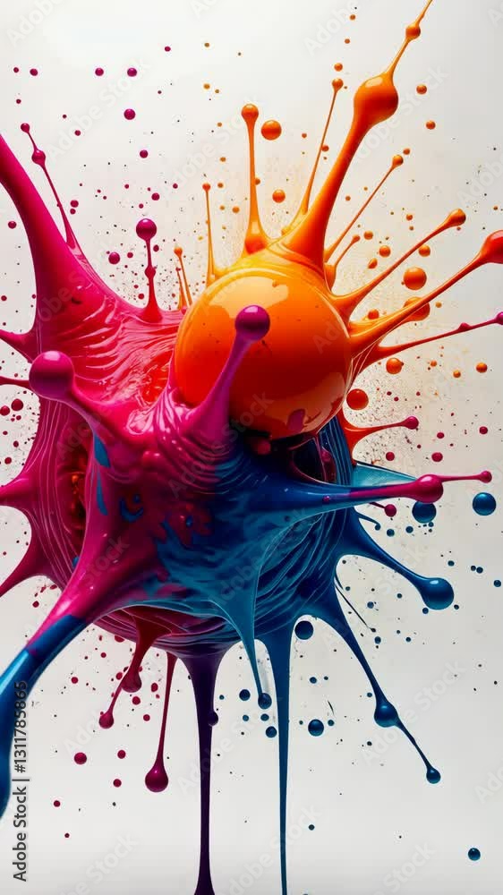 Poster a colorful splash of paint with a pink and orange ball in the middle. the splash is on a white backg