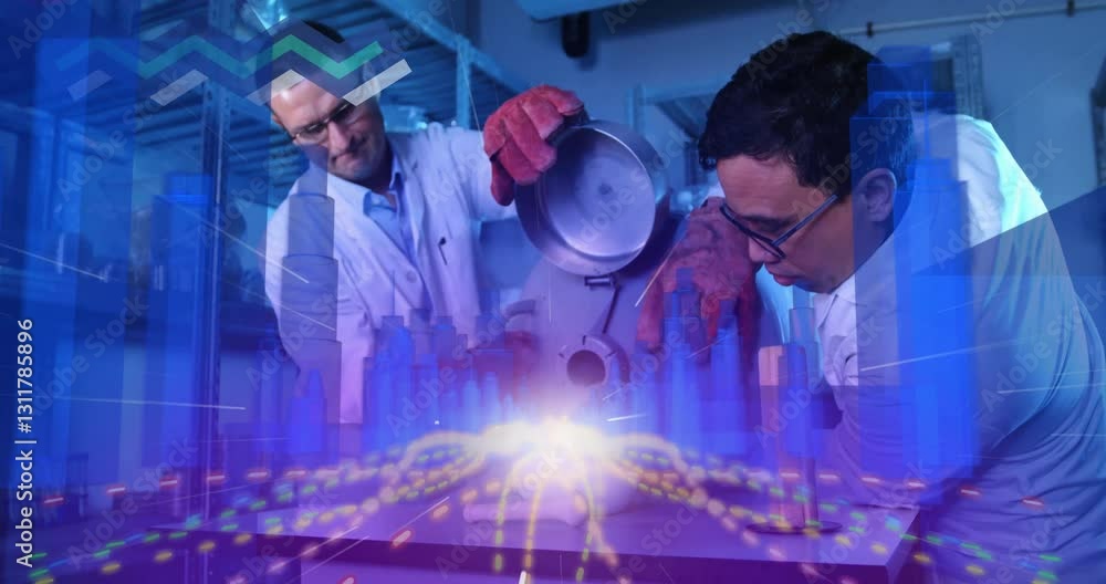 Poster scientists in lab coats conducting experiment with digital data animation overlay