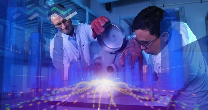 Scientists in lab coats conducting experiment with digital data animation overlay