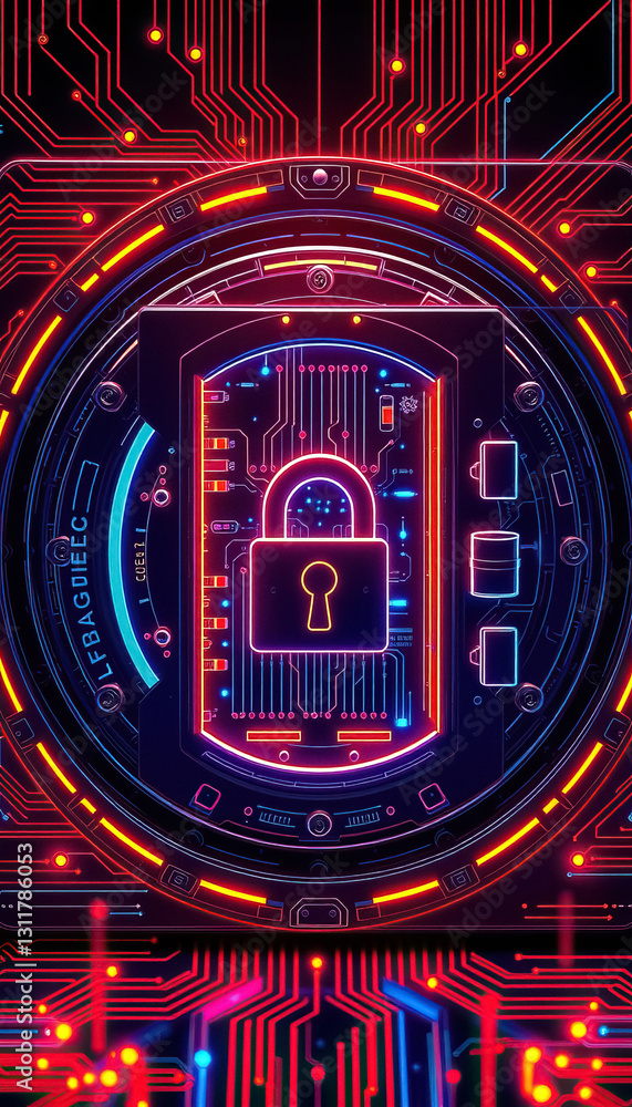 Poster Cybersecurity padlock on digital network safeguarding data with technological brilliance