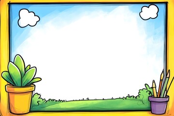 Cartoon illustration Plant, pencils, grass & cloud border on yellow frame, blue sky background