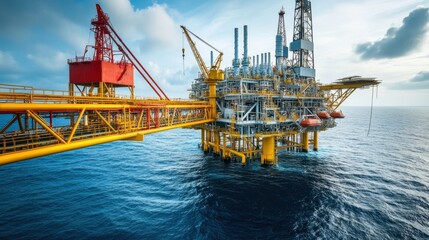 Offshore oil rig platform against a dramatic sky, showcasing industrial activity over the ocean