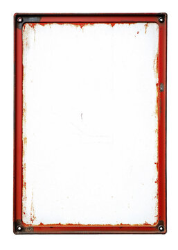 Weathered red metal frame encloses a pristine white background, creating a bold contrast. The rusted edges add a nostalgic, industrial charm, perfect for vintage-inspired designs.