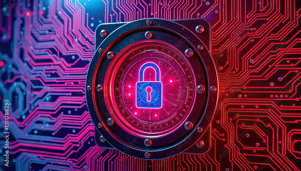 Poster Futuristic Cyber Security Digital Padlock Safeguarding Network with Glowing Circuit Board