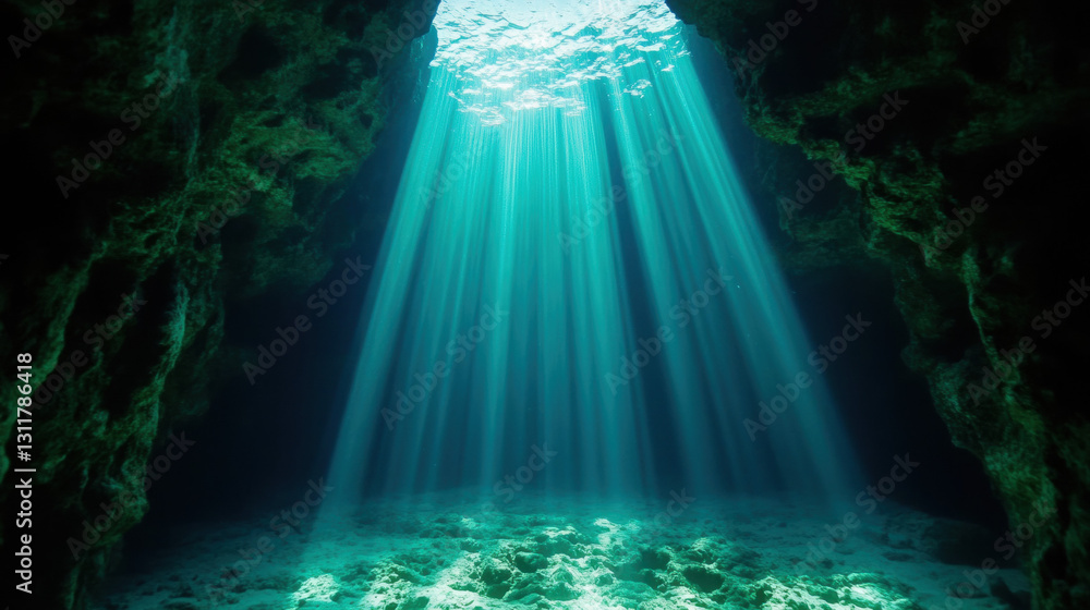 Poster underwater scene with rays of light filtering through to the ocean floor.