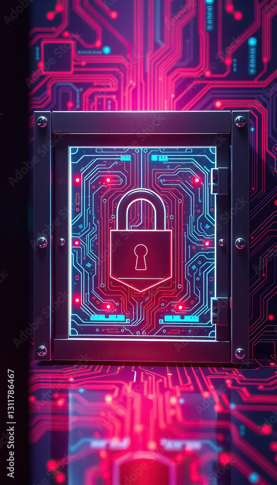 Poster Digital Lock High tech security with red lock on glowing circuit board background
