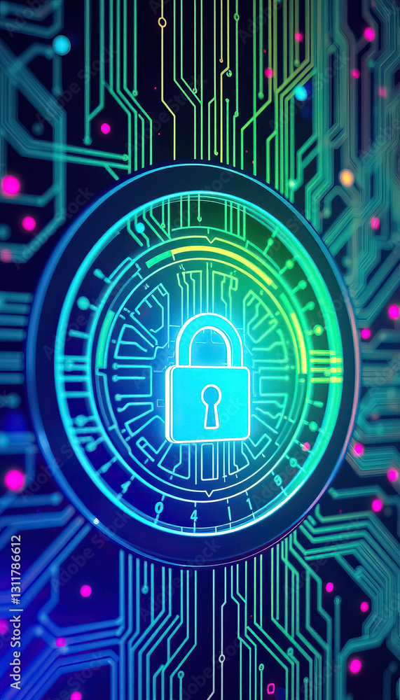 Poster Digital Security Concept Glowing padlock in circuit board symbolizing protection and data
