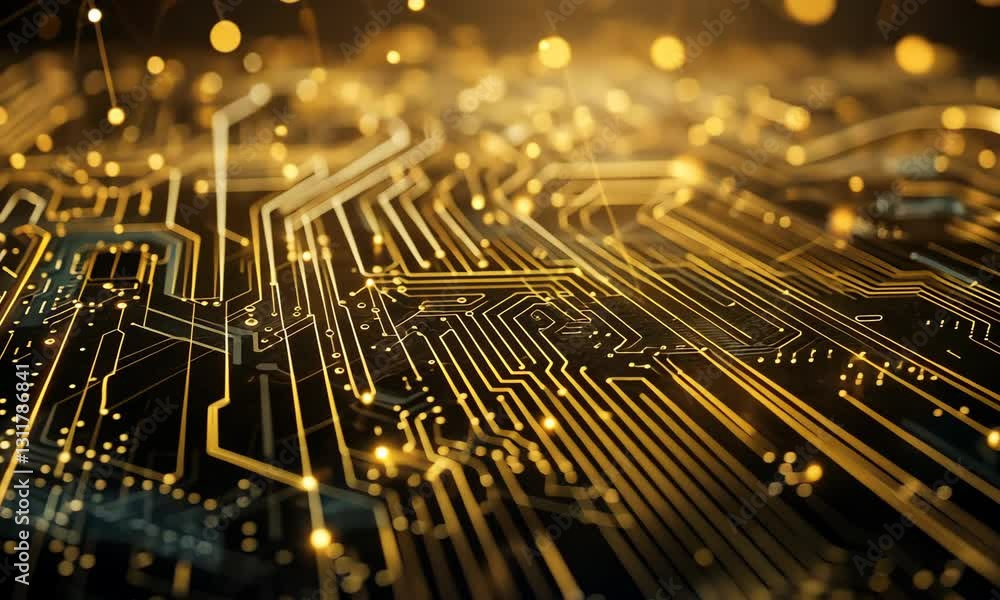 Aufkleber close-up view of circuit board with glowing lines suggesting technology or electronics theme