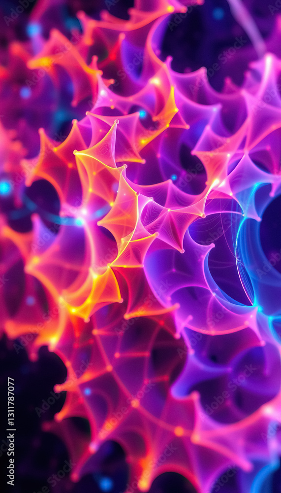 Poster abstract rendering of interconnected network with vibrant hues of purple orange and yellow