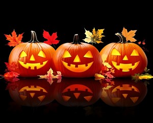 Carved Halloween pumpkins with autumn leaves