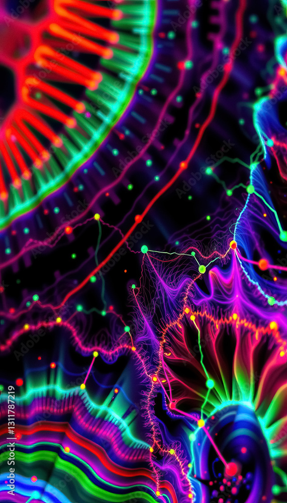 Poster vibrant abstract fractal art piece featuring neon lines and circles against dark background