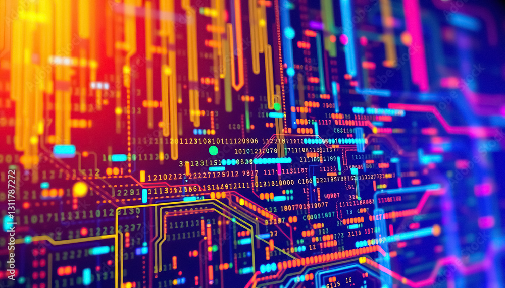 Leinwandbilder Abstract depiction of data flow with circuit board and binary code digital world