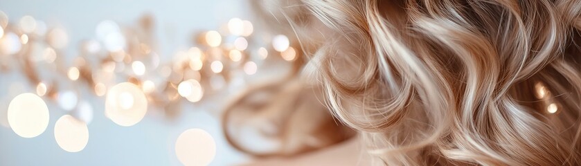 Naklejka premium Defined natural curls soak in a hydrating mist, enhancing their shine and texture against a softly blurred background of warm golden bokeh, creating a radiant beauty effect