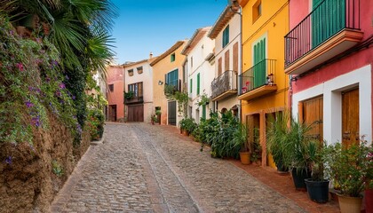 Naklejka premium Generated image A quaint street in Es Castell with colorful houses, cobblestone paths, and Mediterranean