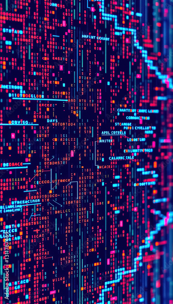 Fototapete Abstract digital art depicting computer system display with lines of data and code fragments