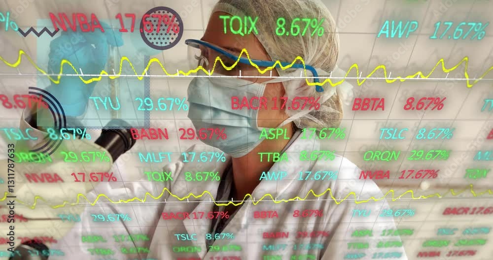 Poster analyzing data with stock market graphs, scientist working in laboratory setting