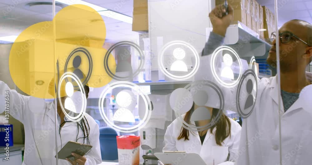 Poster in laboratory, scientists collaborating with digital network icons overlay for animation