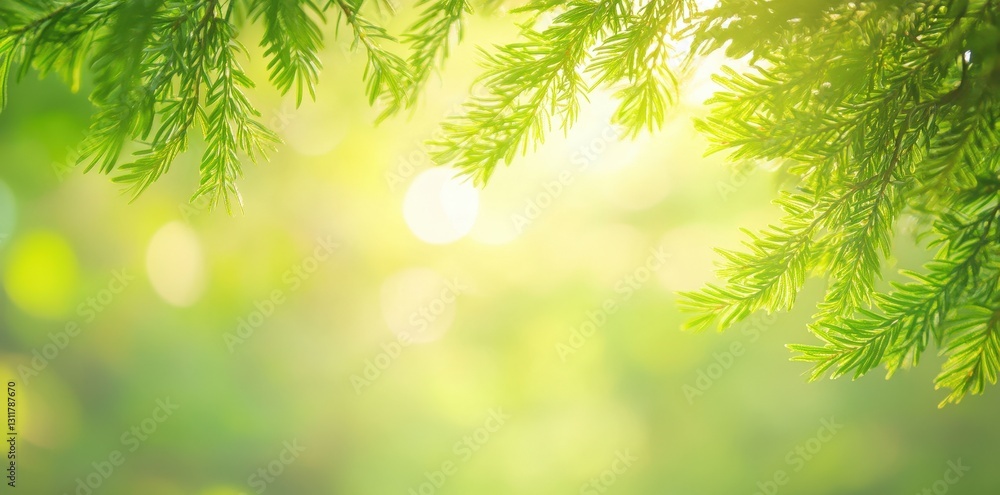 Poster a serene background featuring lush green foliage, illuminated by soft sunlight, creating a tranquil 