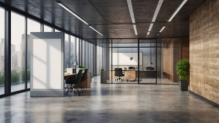 This office space combines industrial and contemporary elements. The exposed concrete ceiling and floor give it an edgy look, while large glass windows provide a view of the city skyline. 