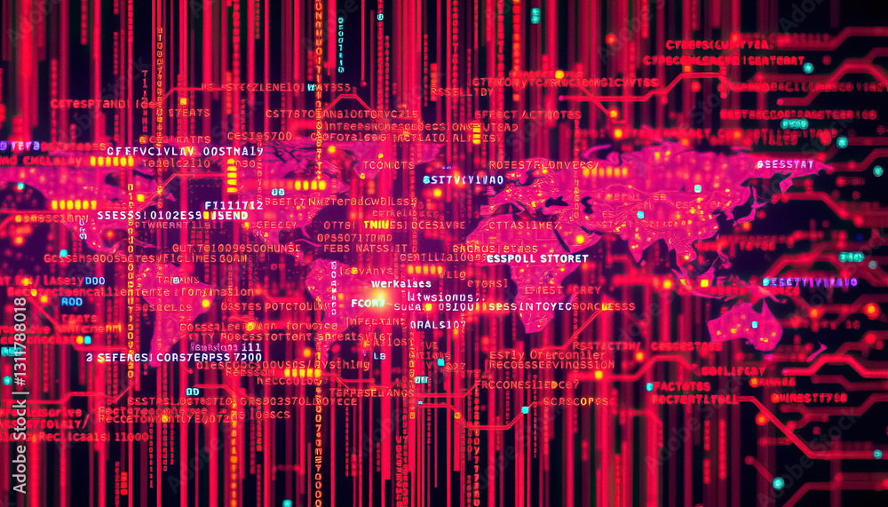 Poster Global network represented by code lines and glowing dots suggesting data flow across continents