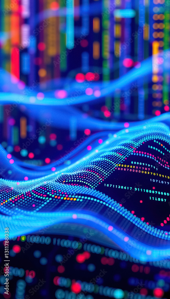 Poster Abstract data visualization with flowing curves and numeric data points on blue background