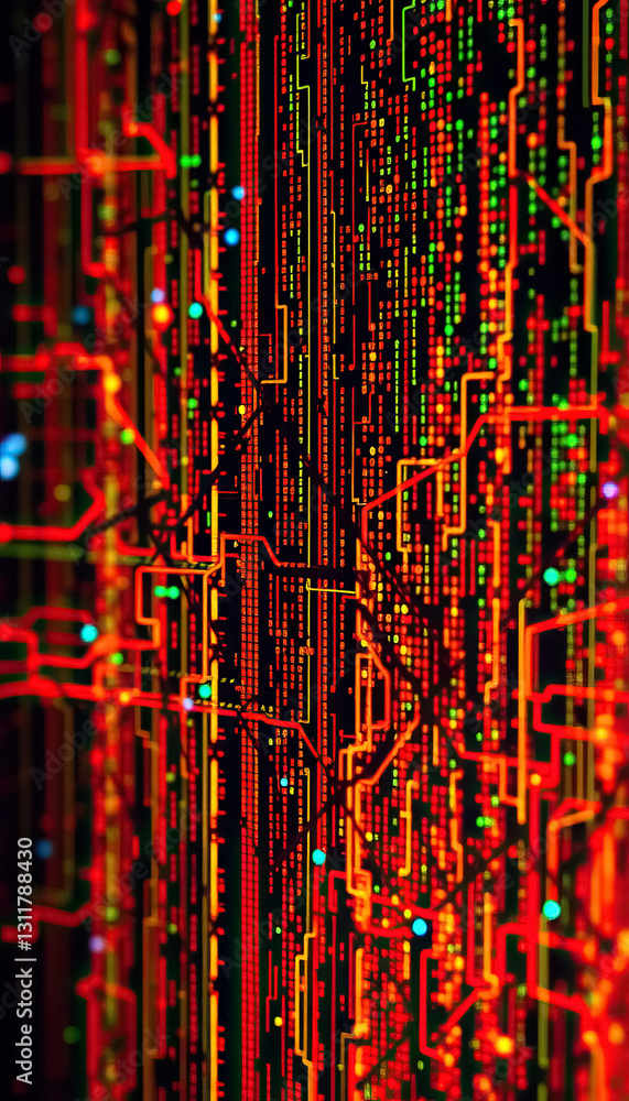 Poster Abstract visualization of data streams binary code and circuit board like connections