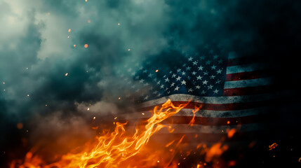 Fototapeta premium An american flag on fire with a cloudy sky in the background