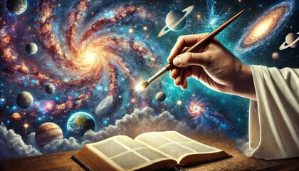 God's hand holds a brush, paints a cosmic picture of galaxies, planets and nebulae emerging from an open Bible. World creation concept