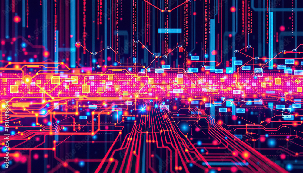Poster Futuristic technology network with vibrant lines data streams and digital connectivity