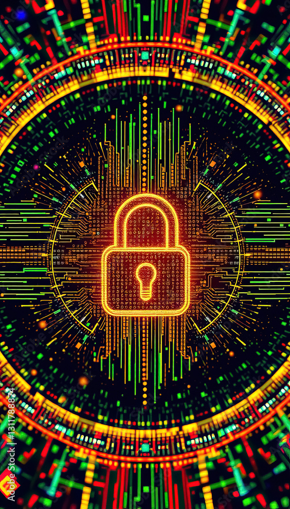Poster Digital Lock brightly glowing padlock surrounded by digital data rings in complex network