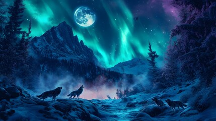 Fototapeta premium Majestic Wolves Under Vibrant Aurora Borealis in Winter Landscape