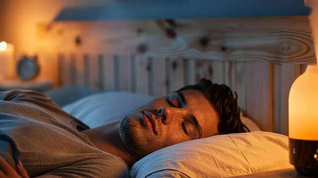 young man sleeps soundly in her bed with aromatherapy diffusers on her nightstand. atmosphere to improve sleep quality. Sleep hygiene concept. video